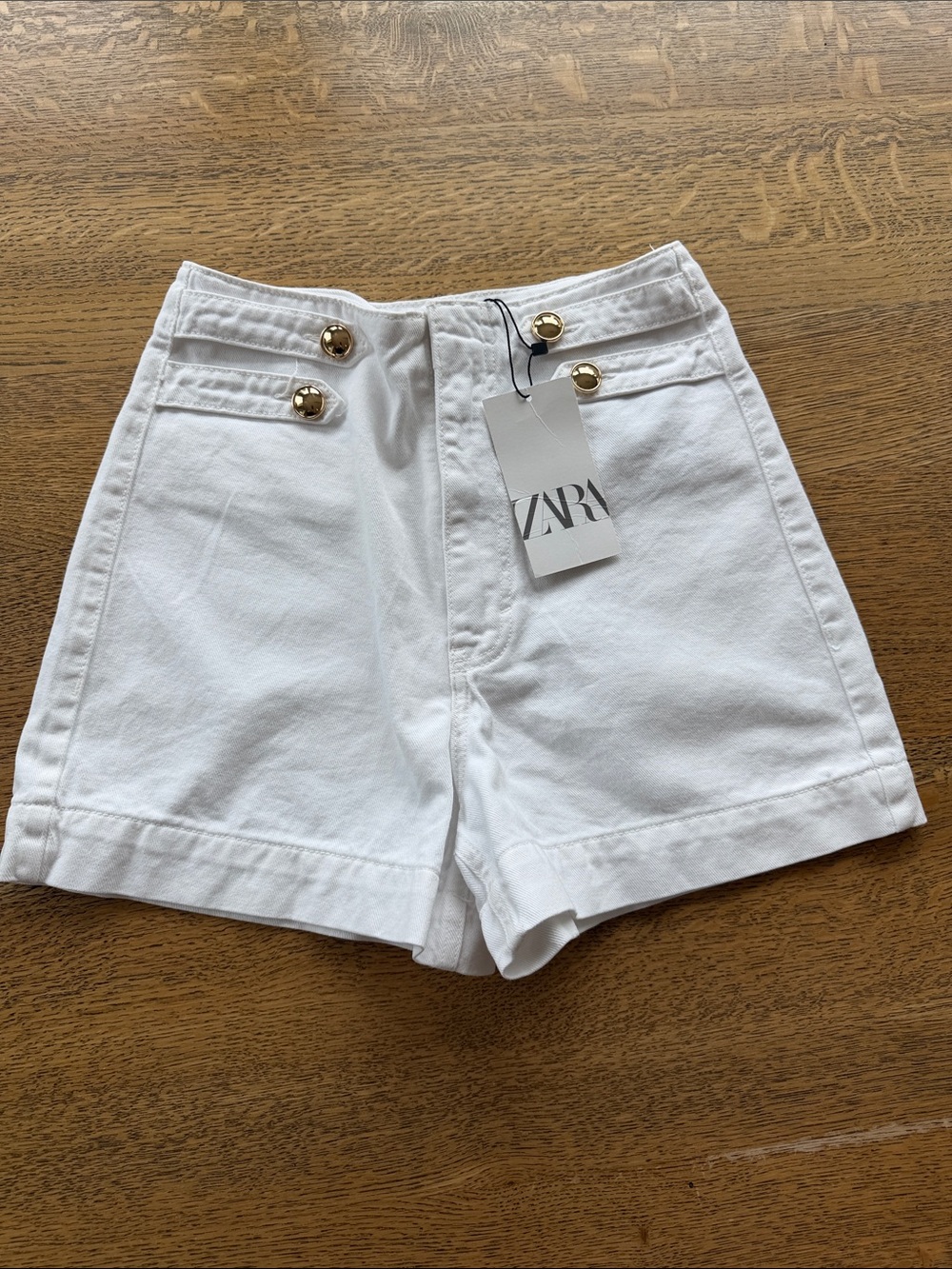 Zara NWT White High-Waist Shorts with Gold Button Detail